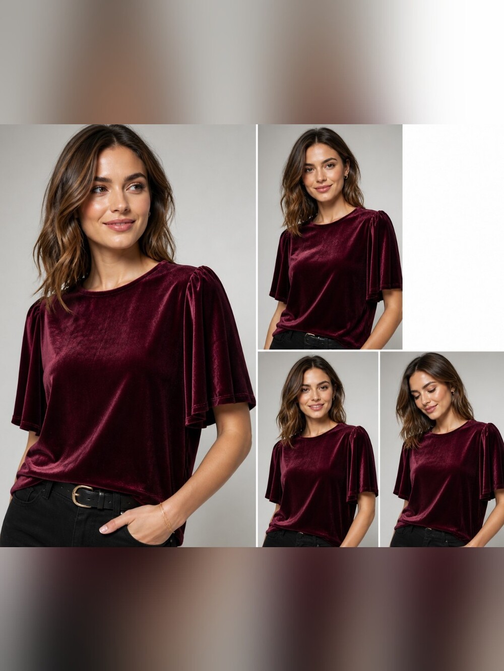Women's Velvet Flutter Short Sleeve Top - Rich Wine Red-Size Medium-NWT
